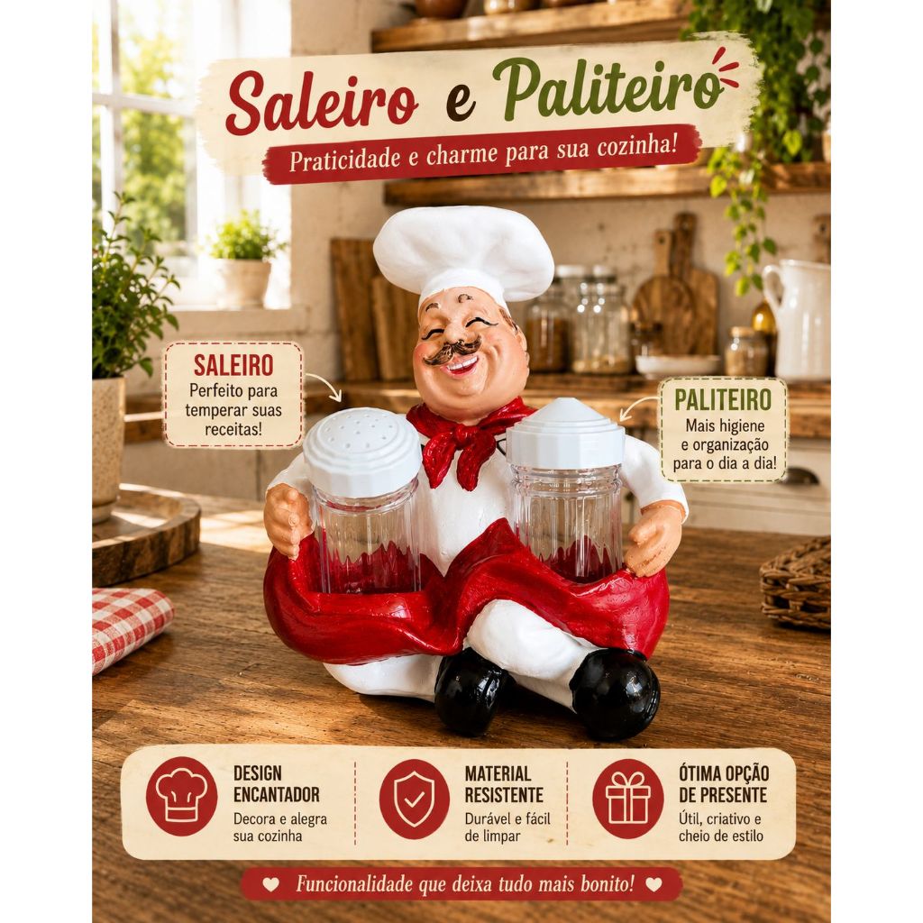 Cozinheiro Saleiro e Paliteiro, avental vermelho, decoração e organização cozinha