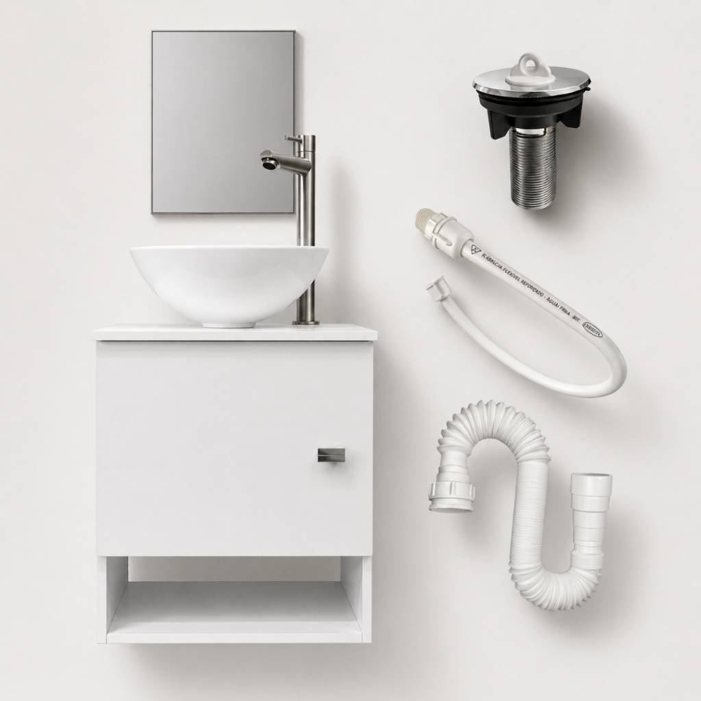 Kit Gabinete Armário Banheiro 40cm Cuba Torneira Espelho Válvula Engate Sifão Lavabo Pia Conjunto