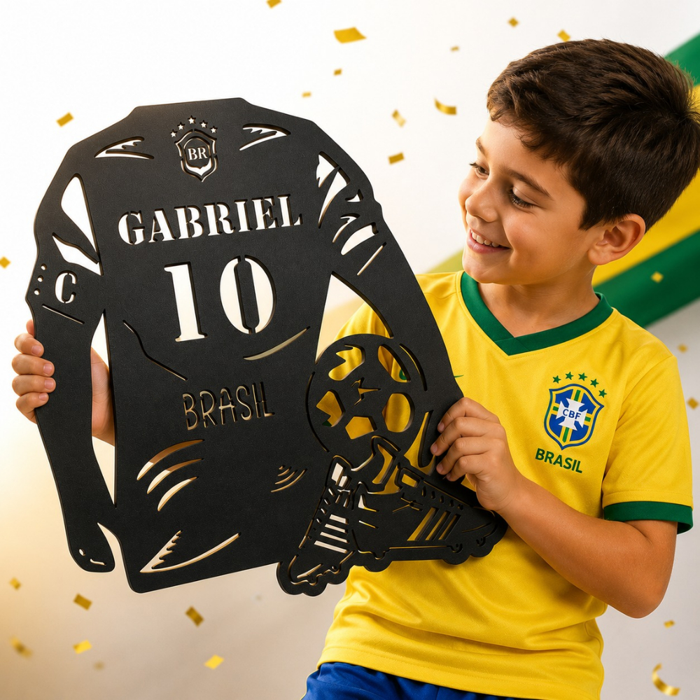 Quadro Camisa de Futebol Personalizado Copa Com Nome Decorativo Parede Cabeceira Dia das Crianças menino