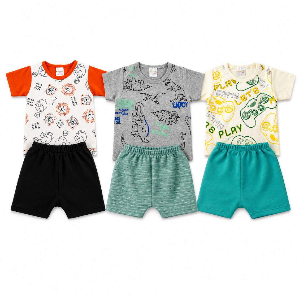 Kit 3 Conjunto Infantil Menino Bebê Camiseta Estampada + Shorts Confortável Roupa Infantil Verão | P ao GG | REF 2422