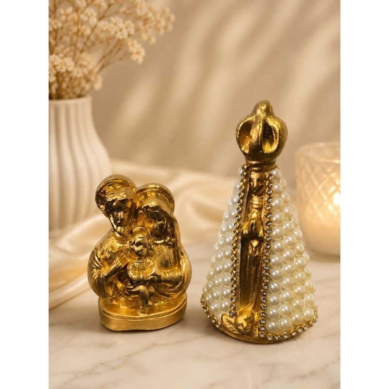 Kit Imagem Nossa Senhora Aparecida e Sagrada Família Dourado
