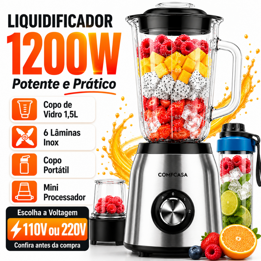 Liquidificador de Copo de Vidro 1200W 1,5L 6 Lâminas Inox 110V/127V ou 220V com Copo Portátil ou Mini Processador