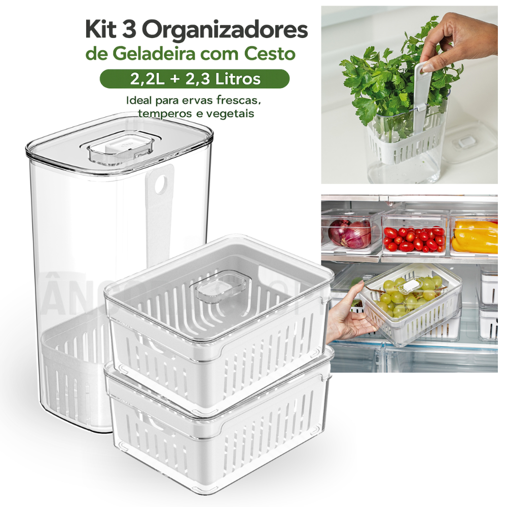 Kit 3 Organizadores de Geladeira com Cesto 2,2L + 2,3 Litros Organizador Porta Tempero Legumes Fruta