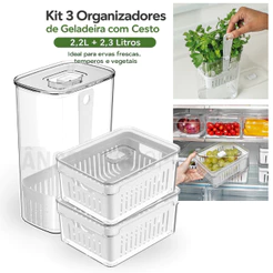Kit 3 Organizadores de Geladeira com Cesto 2,2L + 2,3 Litros Organizador Porta Tempero Legumes Fruta