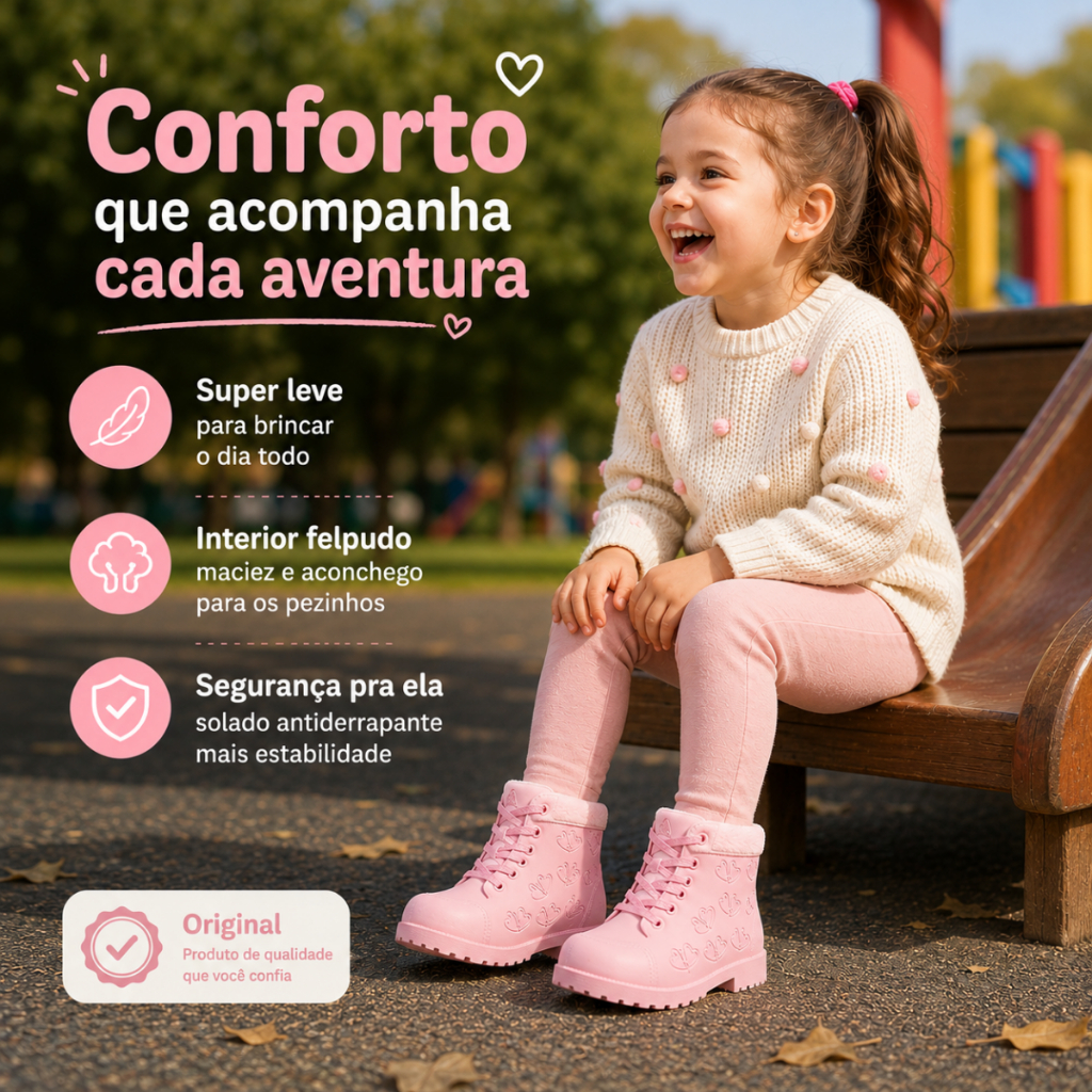 Bota Infantil Menina Felpuda Inverno Quente Super Leve Confortável Numeração 26 ao 33 — Preto/Rosa"
