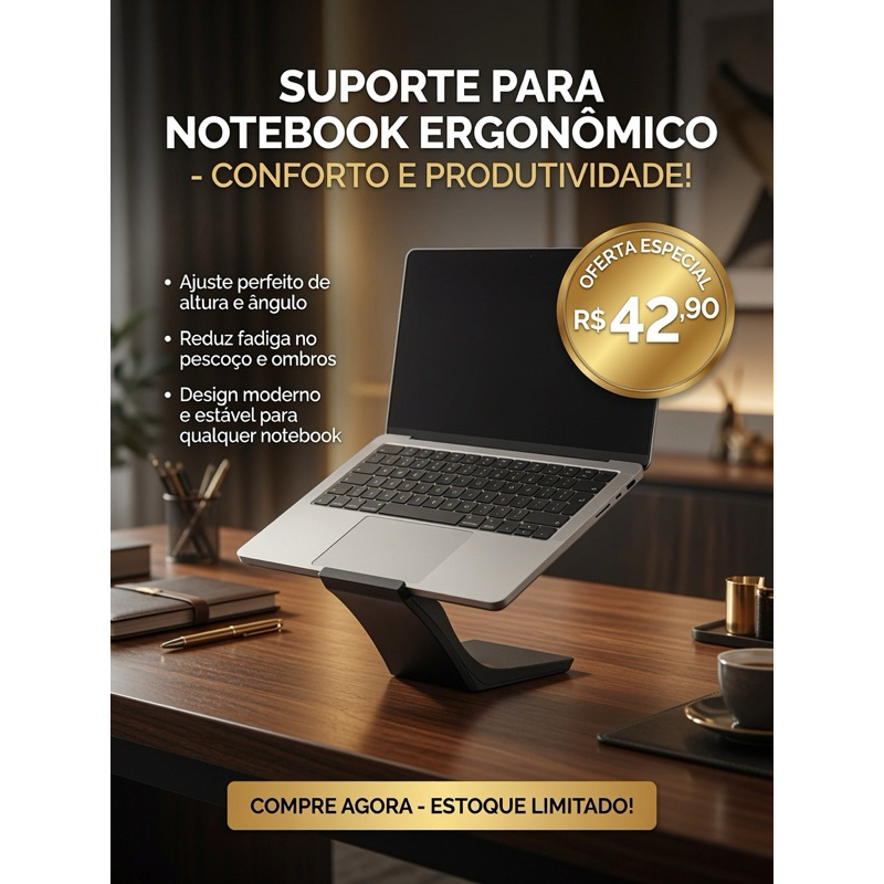 Suporte para Notebook Ergonômico Universal Base Elevada Ventilada Home Office Estudo, Trabalho