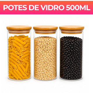 Kit Potes de Vidro 550ml com Tampa de Bambu Hermético Mantimentos Condimentos Empilhaveis
