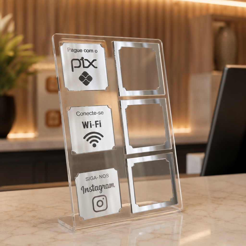 Display de Mesa Placa Pix QR Code Wi-Fi Instagram Suporte Interativo Para Balcão Loja
