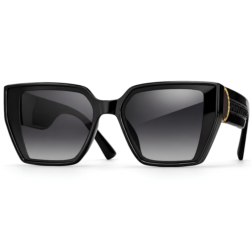 Óculos de Sol Feminino Quadrado Grande Com Lente Polarizada UV400 Preto Hastes Modernas Metal Dourado Casual VH 6463
