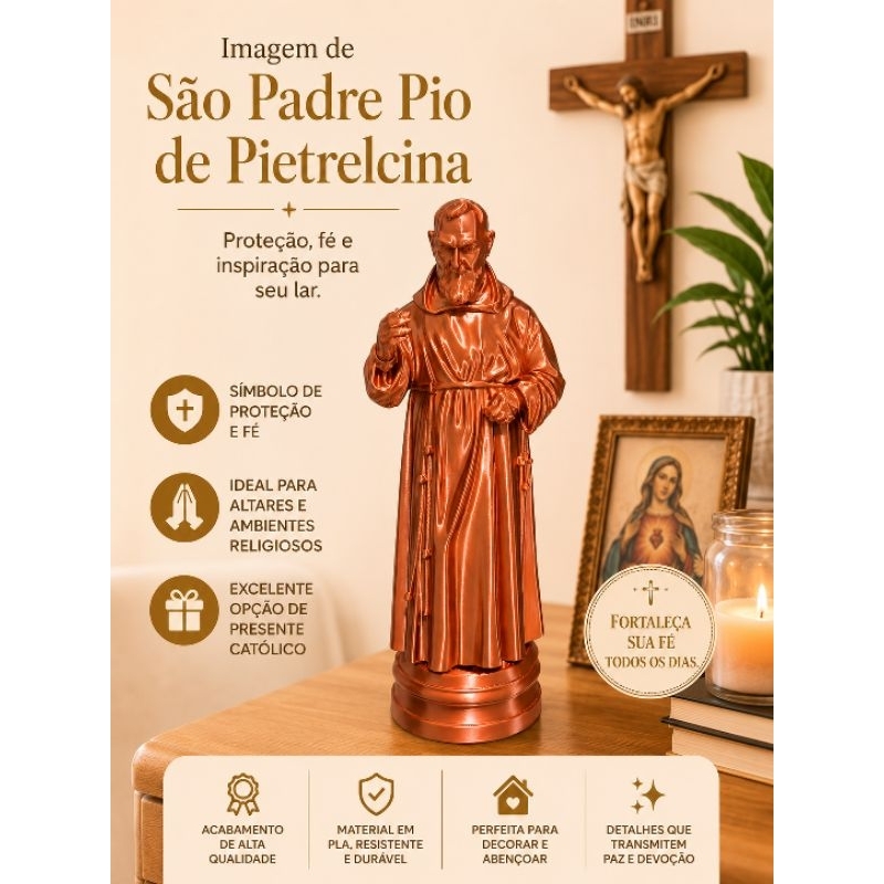 Imagem de São Padre Pio de Pietrelcina 15 cm em 3D e em PLA Silk Cobre - católico religioso para decoração e presente