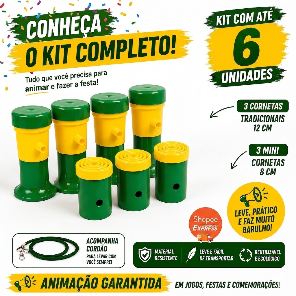 Kit 6 Mini Cornetas Torcida Brasil Verde Amarela Com Cordão Festa Futebol