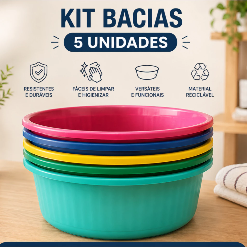 Kit 5 Peças Bacia Canelada 2,7L De Plástico Redonda Colorida Grande Plástico Promoção Resistente — imagem 1