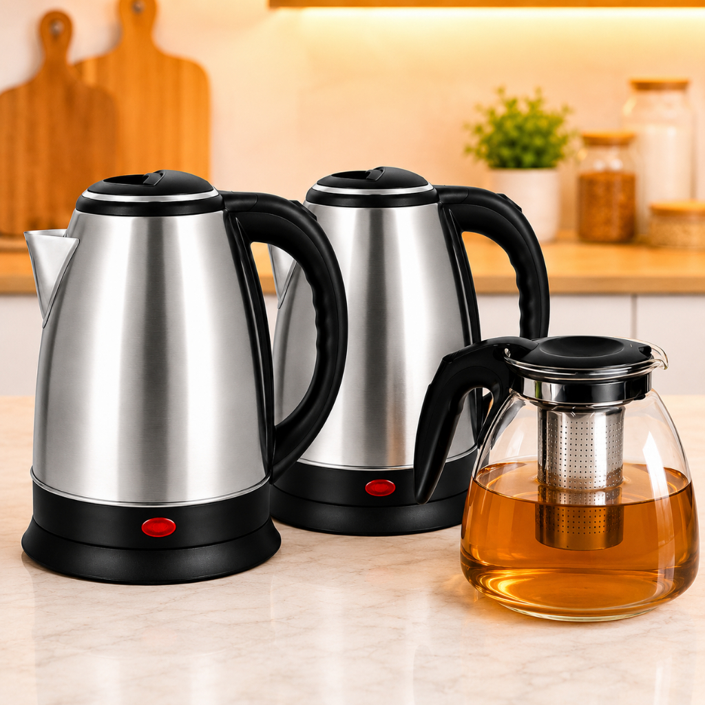 Kit 2 Chaleira Eletrica Premium Inox 1,8 Litros Rapida 110v 220v Bule Cafe Moderno + Bule com Infusor 950ml Jarra