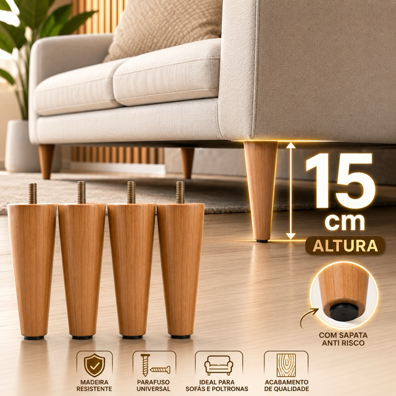 Kit 4 Pés Palito 15cm Madeira Maciça com Chapinha Aço para Sofá Cama Box Rack Aparador Buffet Poltrona Puff Mesinha