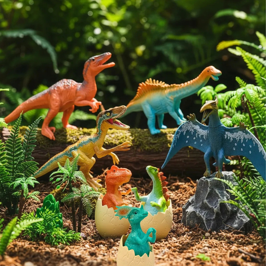 Kit 7 Dinossauro Brinquedo C/ Ovos Filhotes de Dinossauro Borracha Realista Coleção Presente Criança — imagem 2 de 2