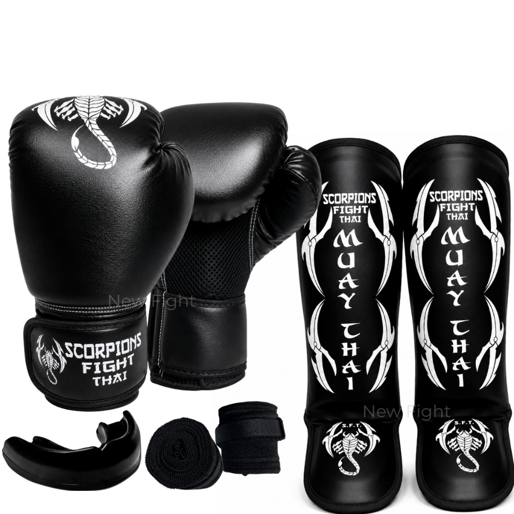 Kit Muay Thai Luva + Caneleira + Bandagem + Bucal
