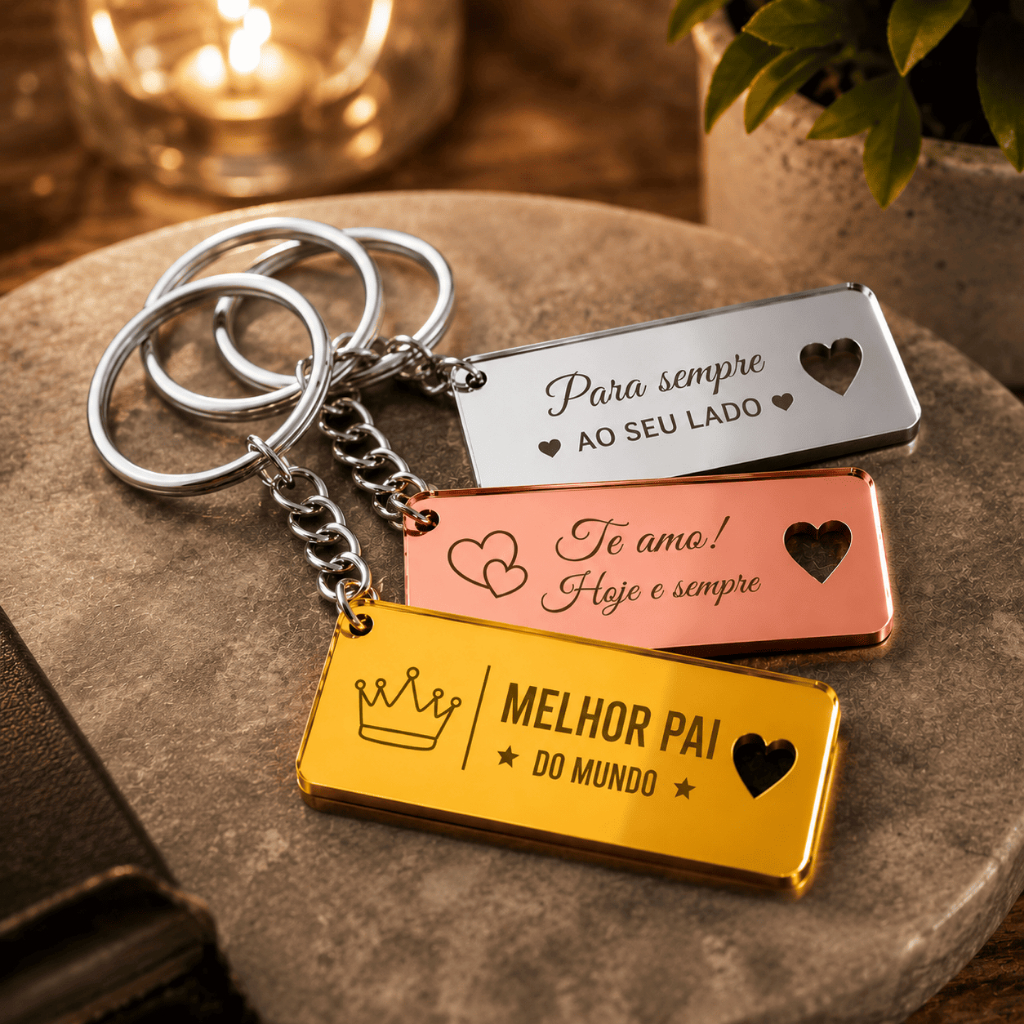 Kit Chaveiros Personalizados Acrílico Espelhado Prata Rose Gold Dourado com Gravação a Laser | Lembrancinha e Brinde