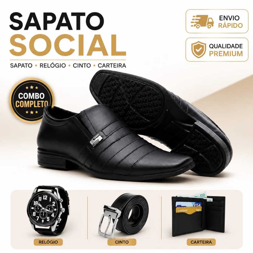 Sapato Social Masculino Homem Elegante  Faça sua Escolha Sapato + Relógio + Cinto + Carteira