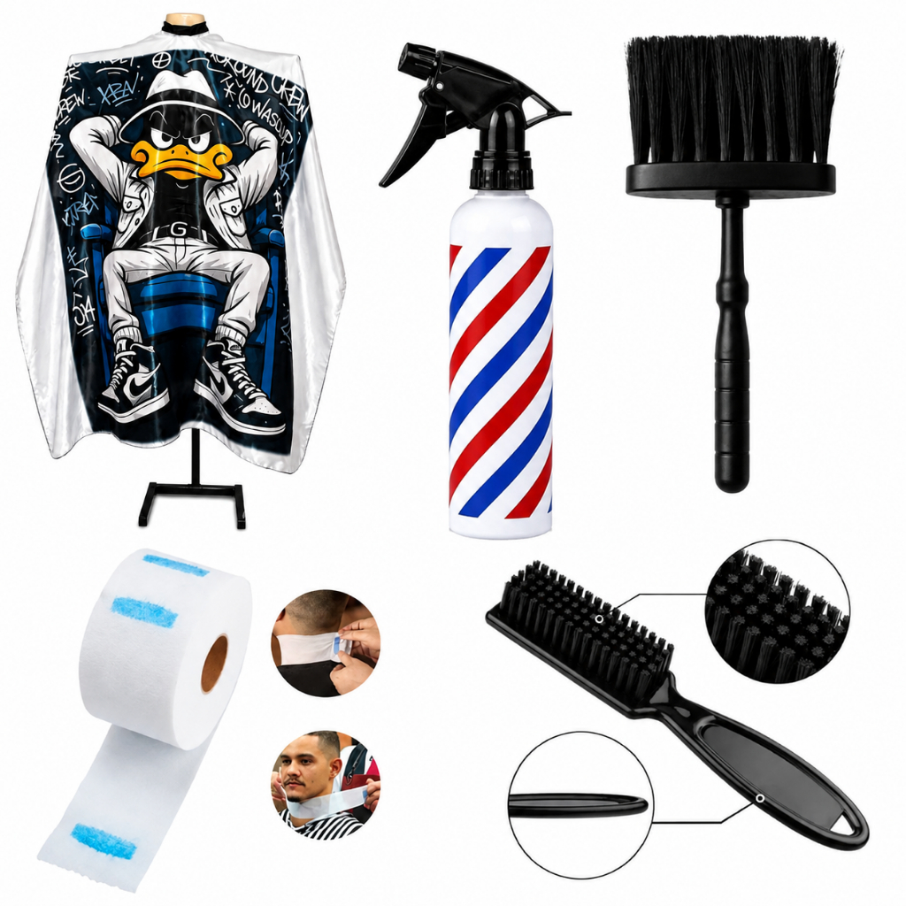 Kit Barbeiro Completo Capa Espanador Borrifador Escova Golas
