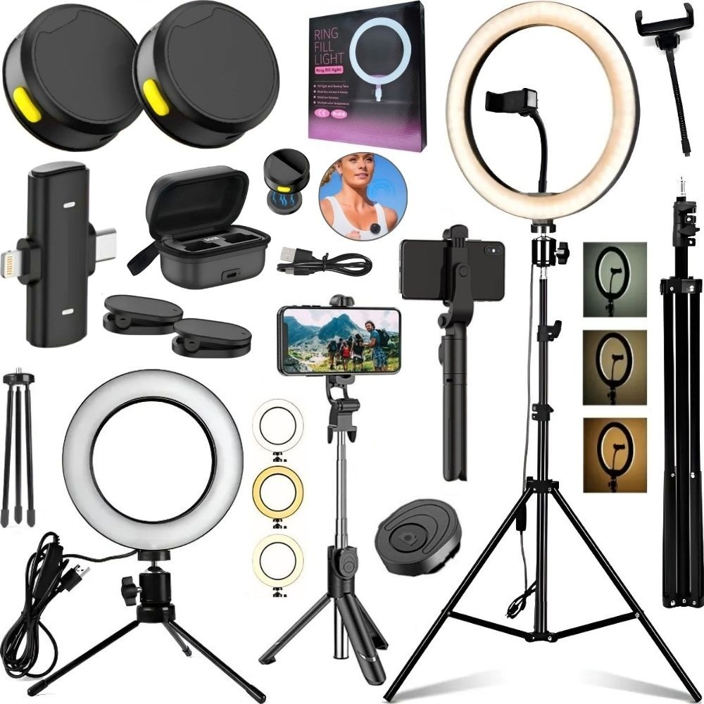 Kit Gravação Vídeo Profissional Tripé 2m Ring Light Luz Led Microfone Lapela Filmagem Celular