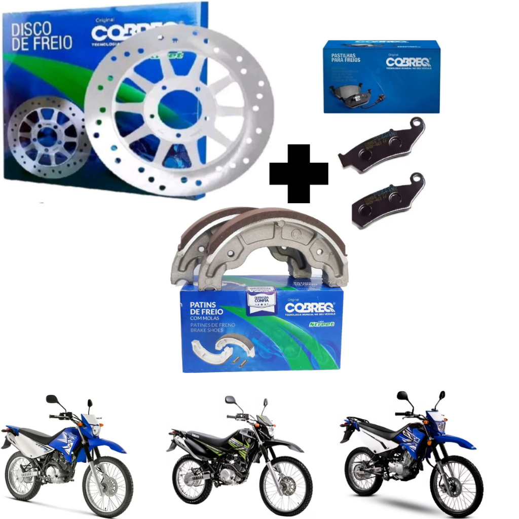 Kit Disco Freio Dianteiro + Pastilha + Lona Patim Traseiro XTZ 125 E K XE 2003 até 2016 Cobreq Novo
