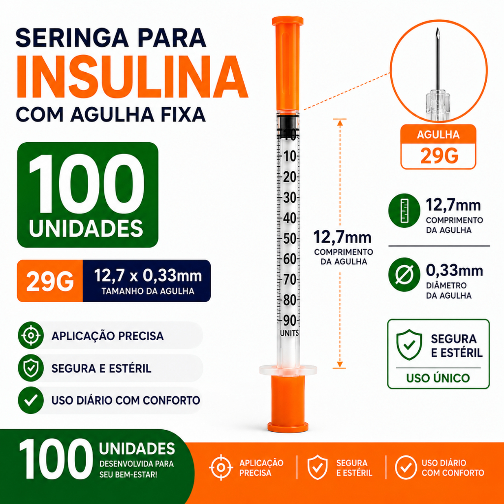 Seringa Insulina 1ml Com Agulha Fixa 12,7x0,33 - Kit com 100, 200 e 300 unidades