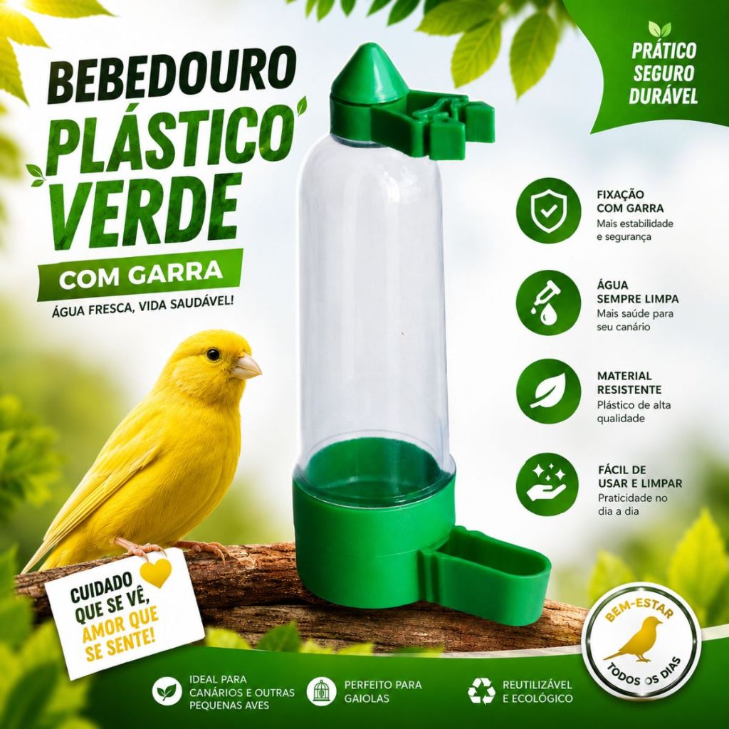 Bebedouro Pássaro Passarinho Verde Coleiro Canário Garra Resistente Gaiola Pet 100ml
