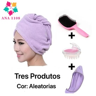 ANA1108 kit para cabelo Toalha De Cabelo Banho+Escova De Cabelo+Massageadora Couro Cabelu…