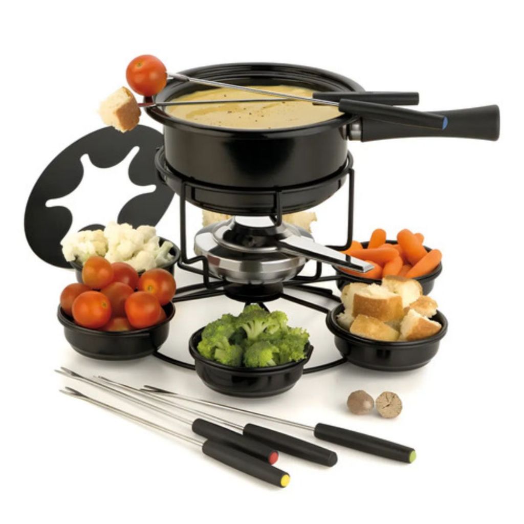Kit Serviço De Fondue Base Giratoria Completo 6 Molheiras 6 Garfos Queijo Chocolate