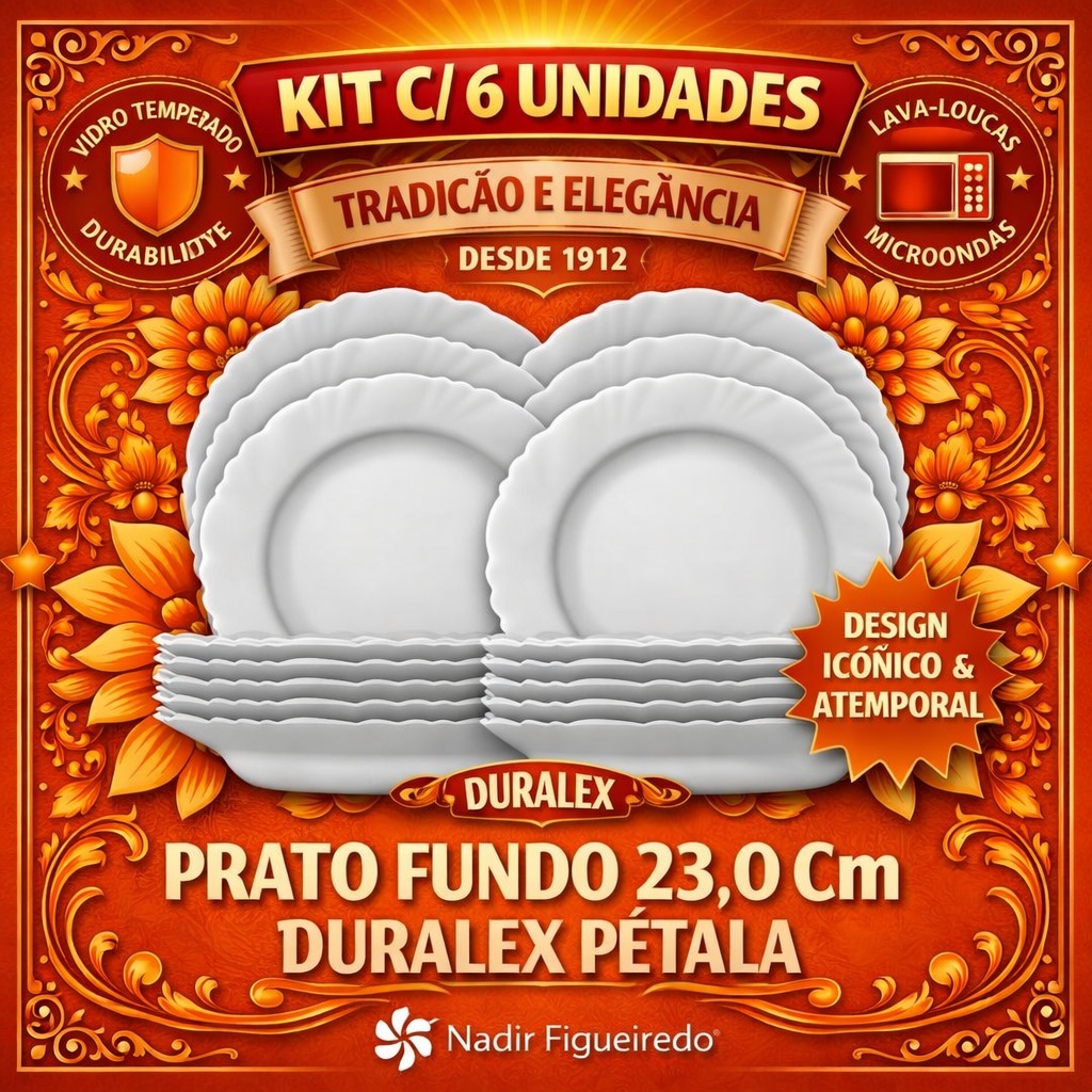 Kit 6 Pratos Fundos Duralex Branco Pétala Opaline | Vidro Resistente Original Nadir Figueiredo Ideal para Almoço e Janta
