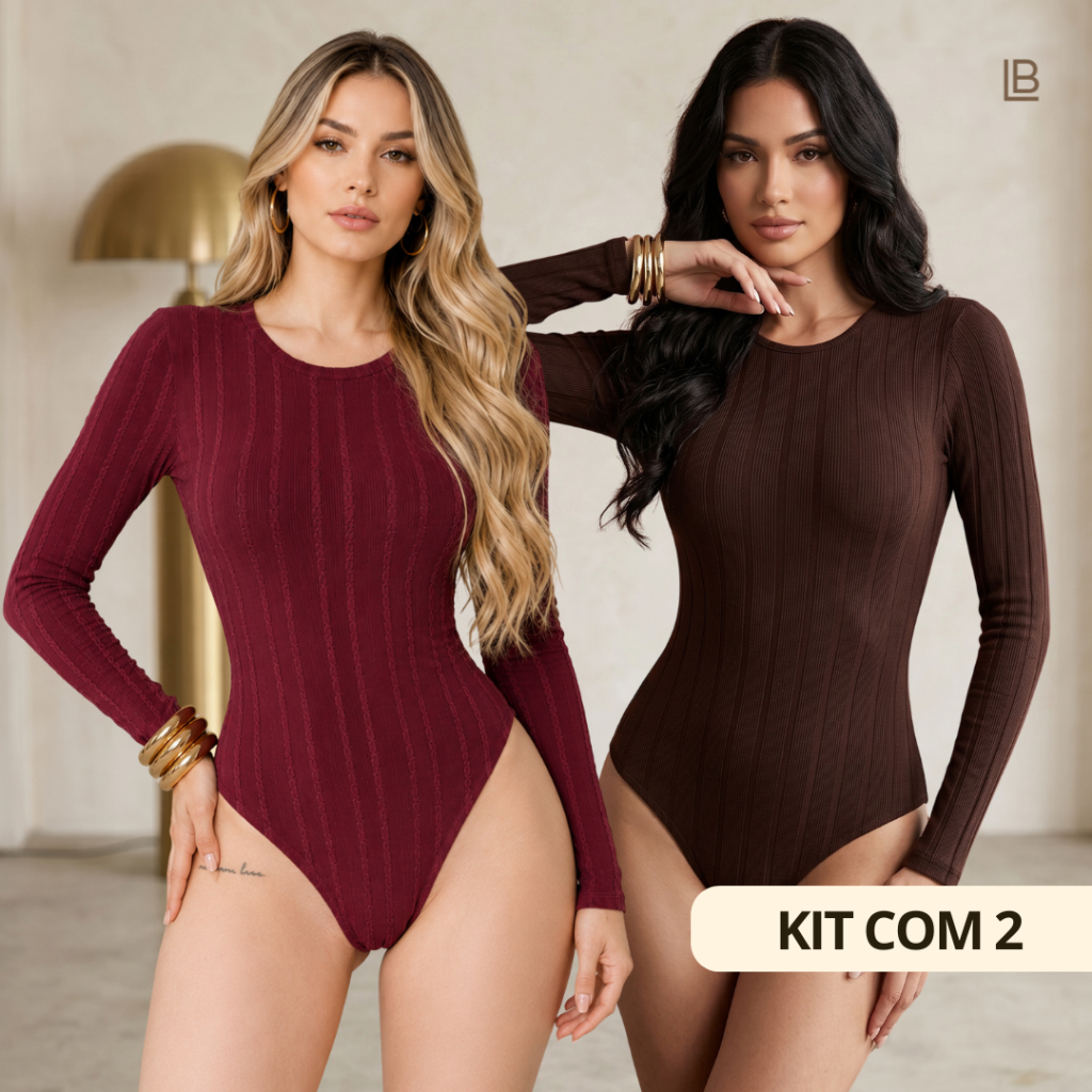 KIT COM 2 Bodys Manga Longa Gola Redonda Tecido com Textura Macio Ribana Prime