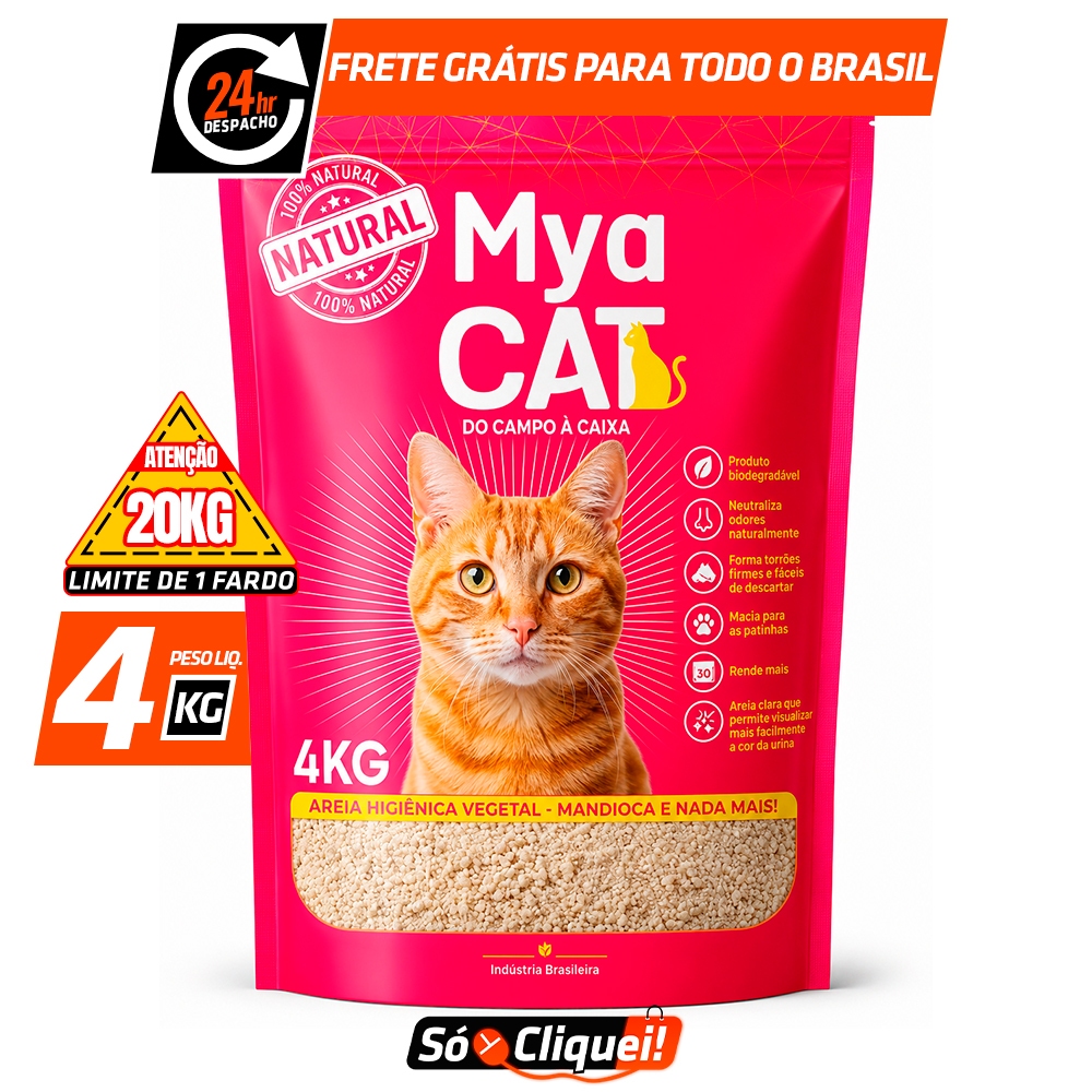 Areia Sanitária de Mandioca Mya Cat 4KG Granulado Higiênico de Gato Biodegradável Torrões Firmes Evita Odores