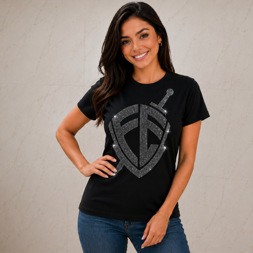 Blusa T-shirt Feminina Viscolaycra Preta Elegante - Escudo Da Fé em Strass brilhante.
