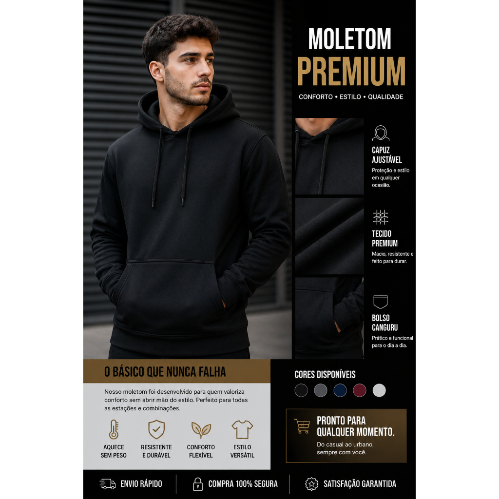 Moletom Liso Masculino Canguru flanelado com Capuz bolso Casual Confortável