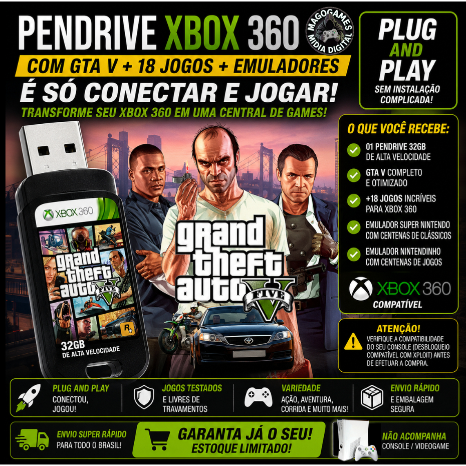 Pendrive Xploit Gta 5 + 18 jogos + (EMULADOR SNES & NES)