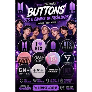 Kit 5 Bottons BTS K-pop Personalizados 44mm Army Colecionável