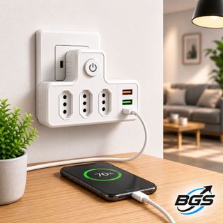 Adaptador Benjamin Tomada 6 em 1 Bivolt 3 Tomadas + 2 USB + USB-C Filtro de Linha Extensão Inteligente 10A