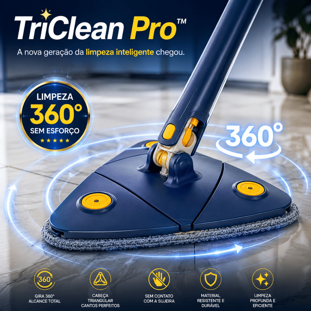 Mop Giratório TriClean Pro 360° Triangular Limpeza Fácil Sem Esforço Com Cabo Reforçado Para Casa