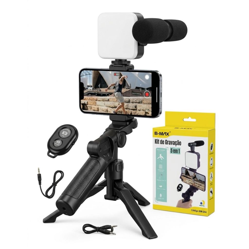 Suporte Tripé Vlog profissional 5 Em 1 Para Celular Com Tripé Luz LED E Microfone controle bluetooth