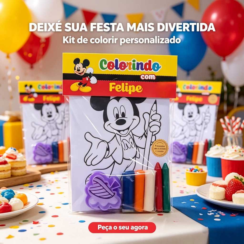 Kit Para Colorir Premium Mickey Personalizado para Festa Infantil + Kit Massinha + Giz, Lembrancinha Criativa