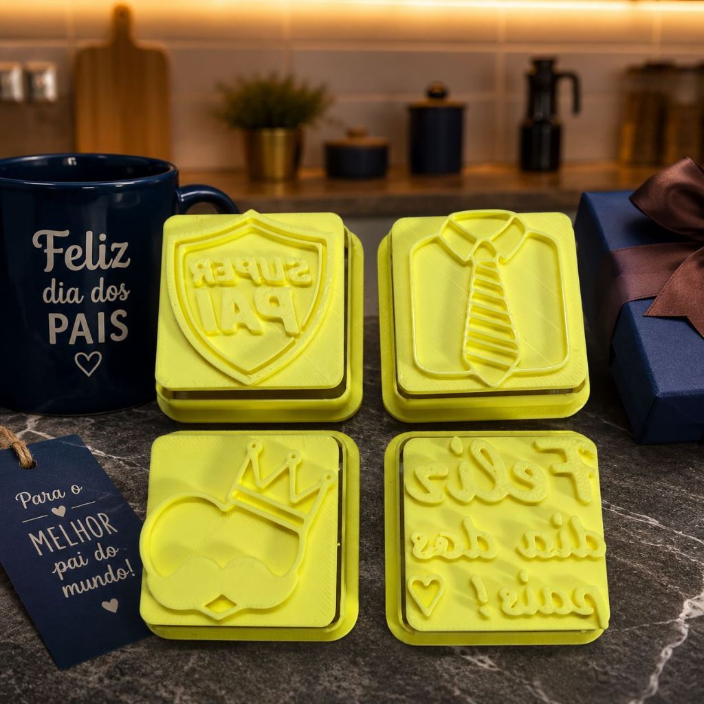 Kit Cortadores de Biscoito Dia dos Pais 4 Peças com Carimbo e puxador | Super Pai | Impressão 3D
