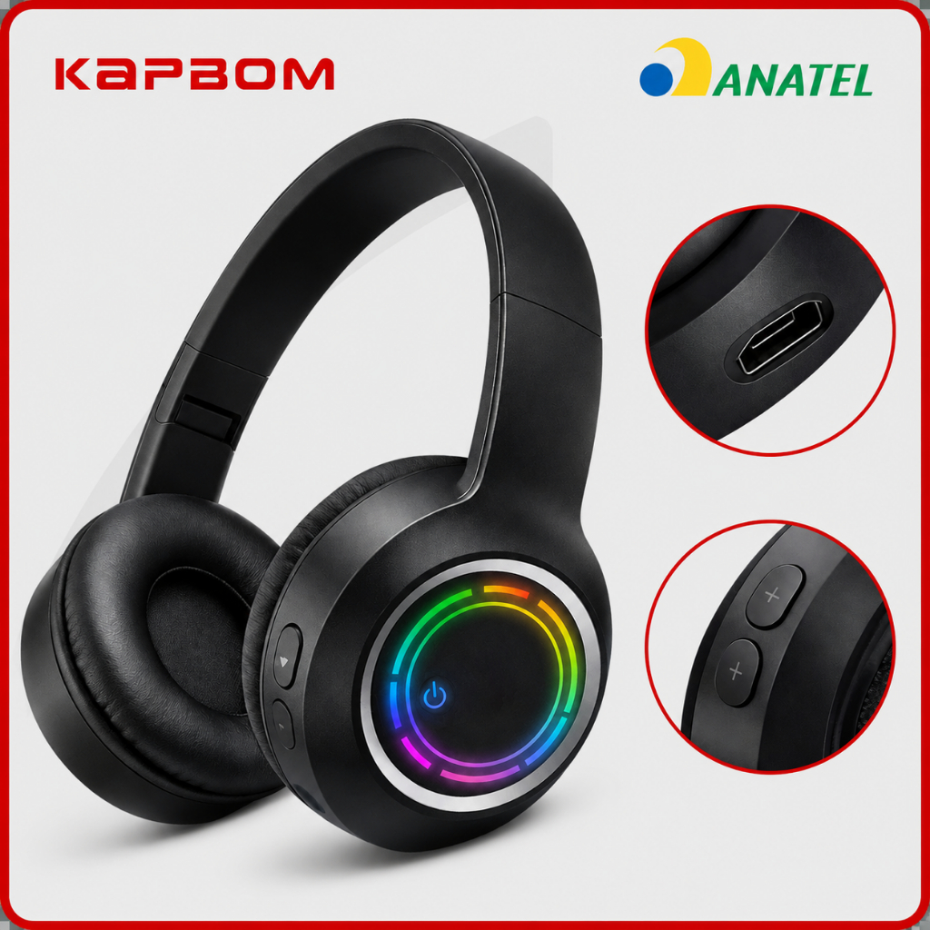 Fone de Ouvido Bluetooth LED Sem Fio Kapbom RGB com Microfone Premium