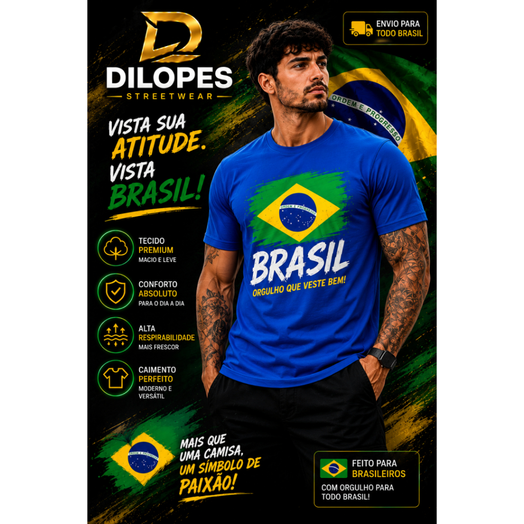 Camiseta Brasil Masculina Premium Estampada Bandeira do Brasil Confortável