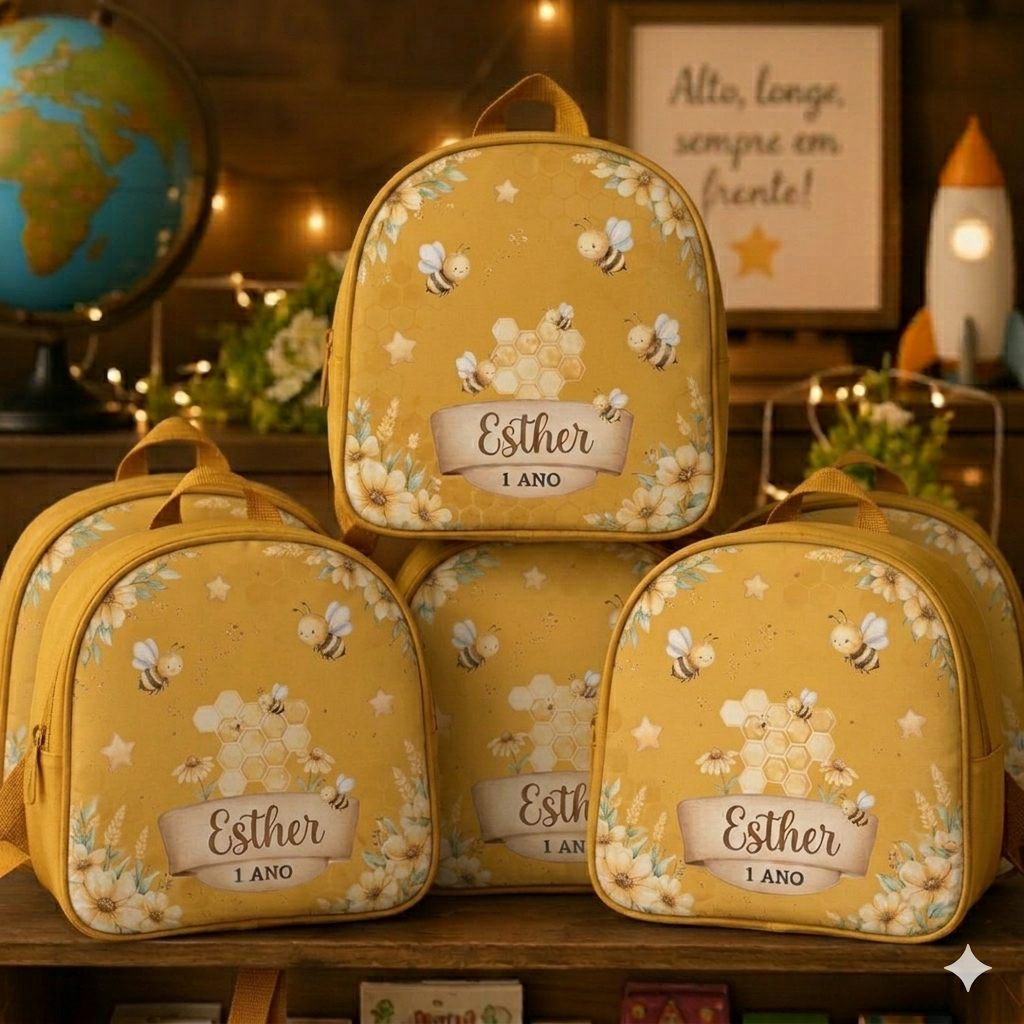 Mochilinhas bolsinhas aniversário personalizadas abelhinhas, vários temas, lembrancinhas para festas, eventos e brindes