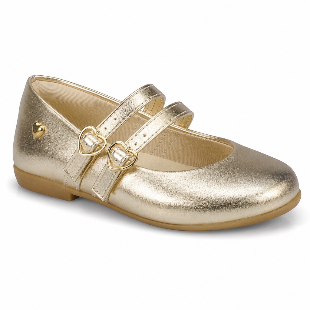 Sapatilha Infantil Feminina Fivela Coração Dourado Brilho Festa Presente 9371 Pequito