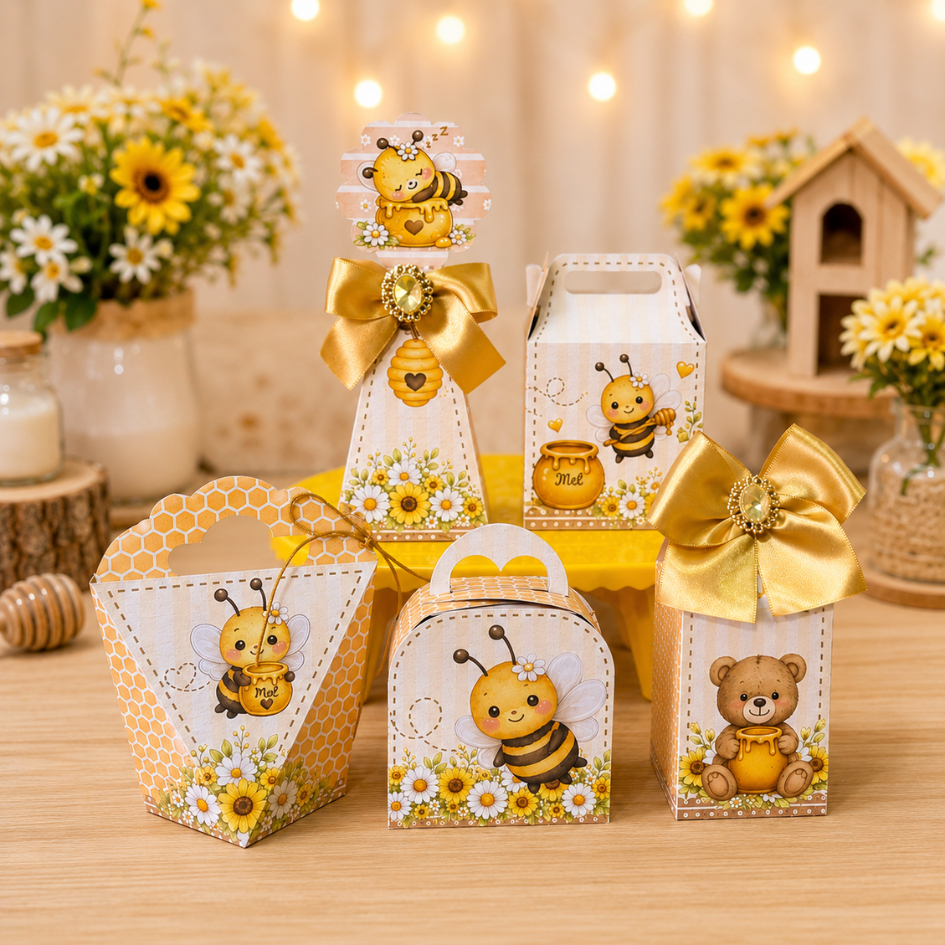 Caixinhas Personalizadas Abelhinhas para lembrancinha de aniversário Pegue e Monte com nome e idade