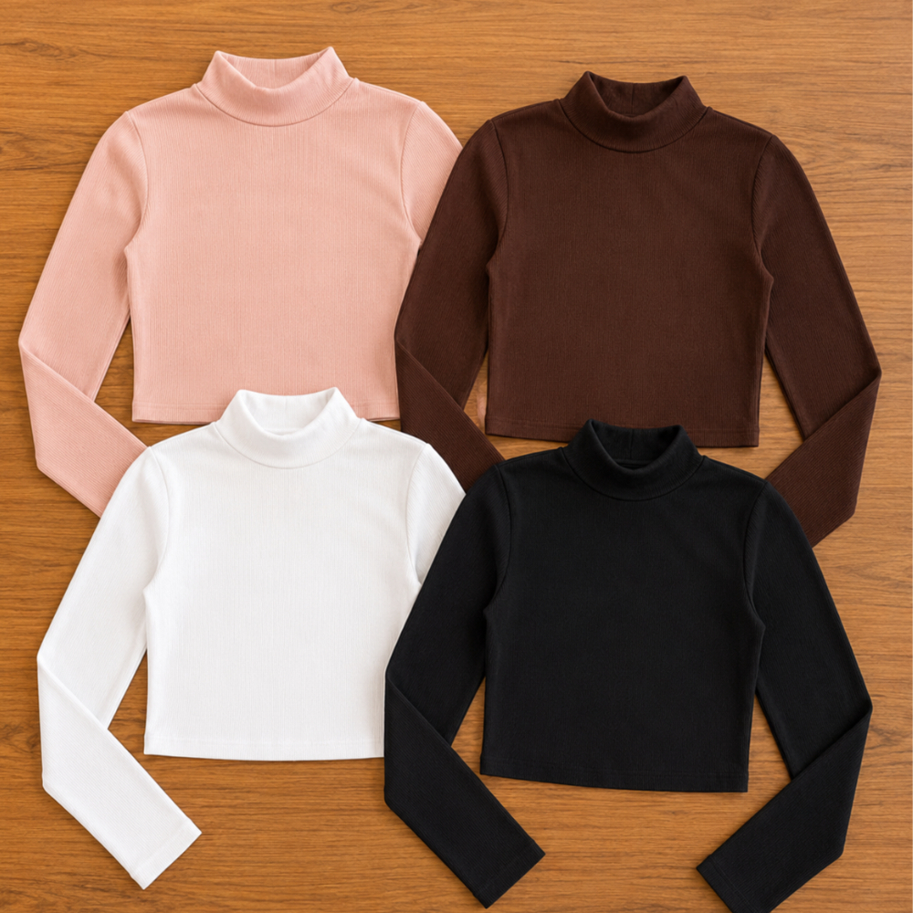 Blusa Feminina Cropped Gola Alta Canelada Manga Longa Segunda Pele Premium Inverno