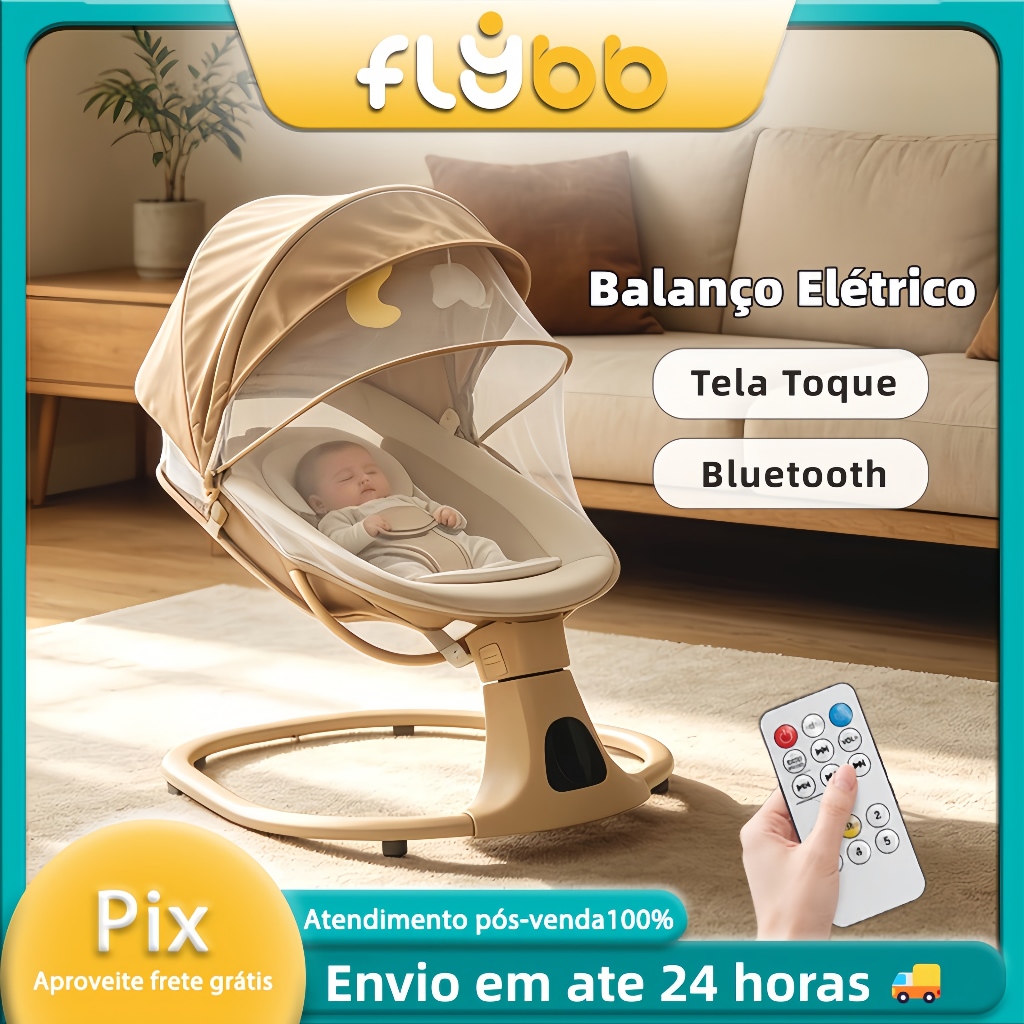 Balanço Elétrico para Bebê com Controle Remoto Mosquiteiro Bluetooth 5 Velocidades e 3 Temporizações