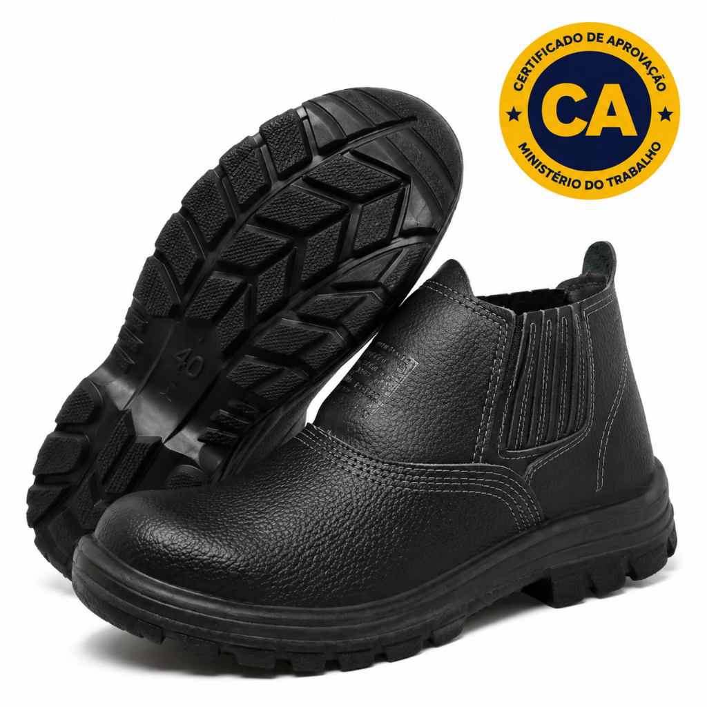 Bota Botina de Segurança Couro Legítimo Com CA Reforçada Resistente para Trabalhos Pesados Antiderrapante Confortável