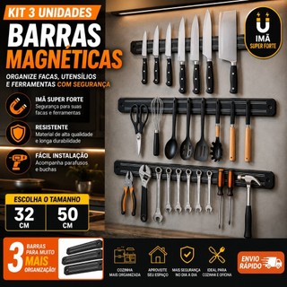 Kit Barras Magnéticas Facas Imã Suporte Cozinha Ferramentas Parede 33cm Organizador de Cozinha Com Parafusos